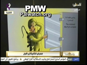 Cartoon shown on PA TV depicts “light” emanating from Martyrs’ (i.e., terrorists) corpses blinding long-nosed Israeli soldier