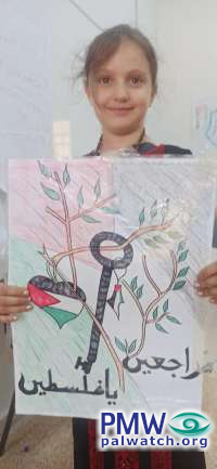 Child holding drawing saying 'We will surely return, Palestine'
