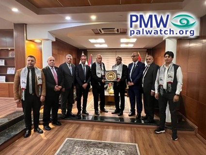 Rajoub and Libyan Minister of Sports Al-Juweifi are wearing scarves featuring the PA map of “Palestine”, erasing Israel